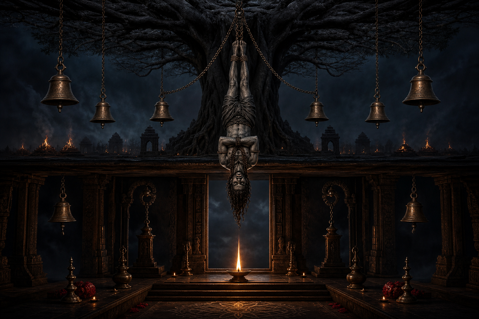 An upside-down Vetal hangs in a symmetrical ritual space between a tree and a temple threshold, with chains, bells and a single flame.