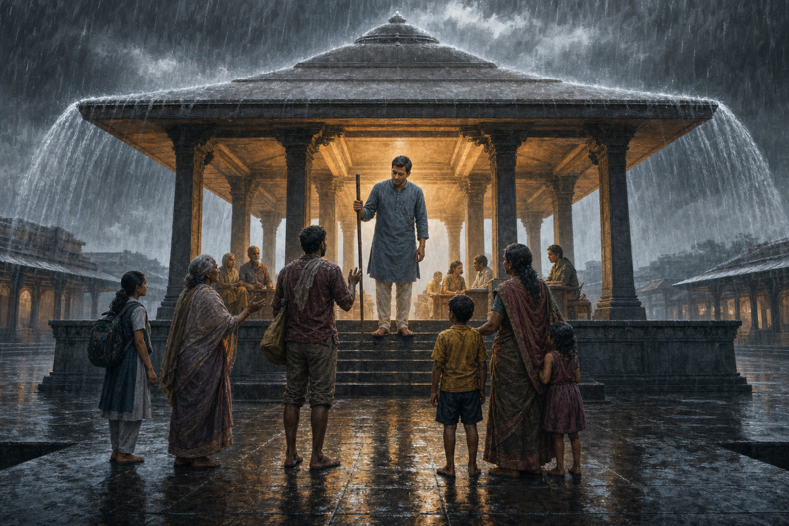 A public official listens to petitioners beneath an open canopy that shelters several vulnerable citizens from heavy monsoon rain.