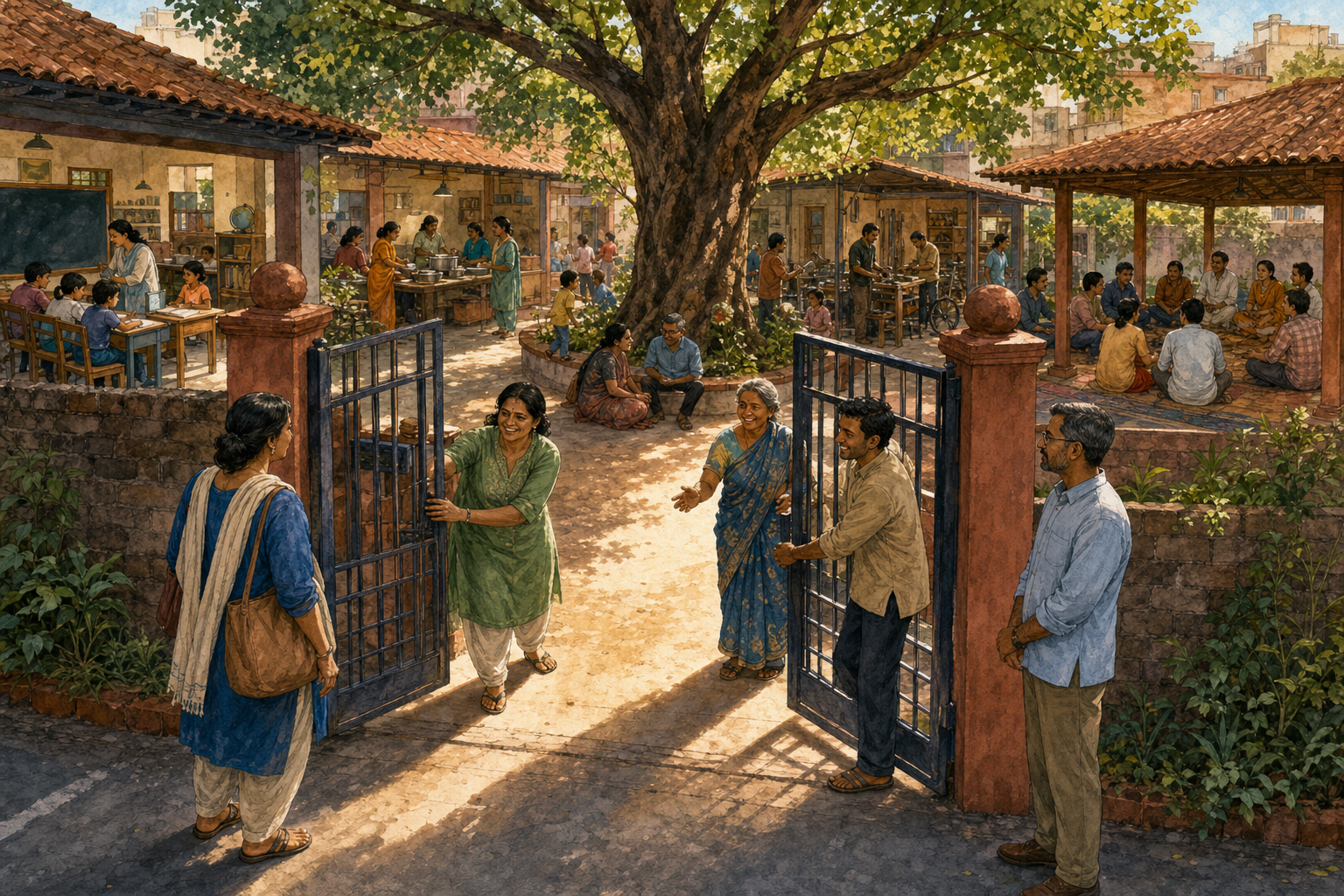 Community members open an inner courtyard gate to an excluded person as a civic mediator watches beside a schoolroom, kitchen and workshop.