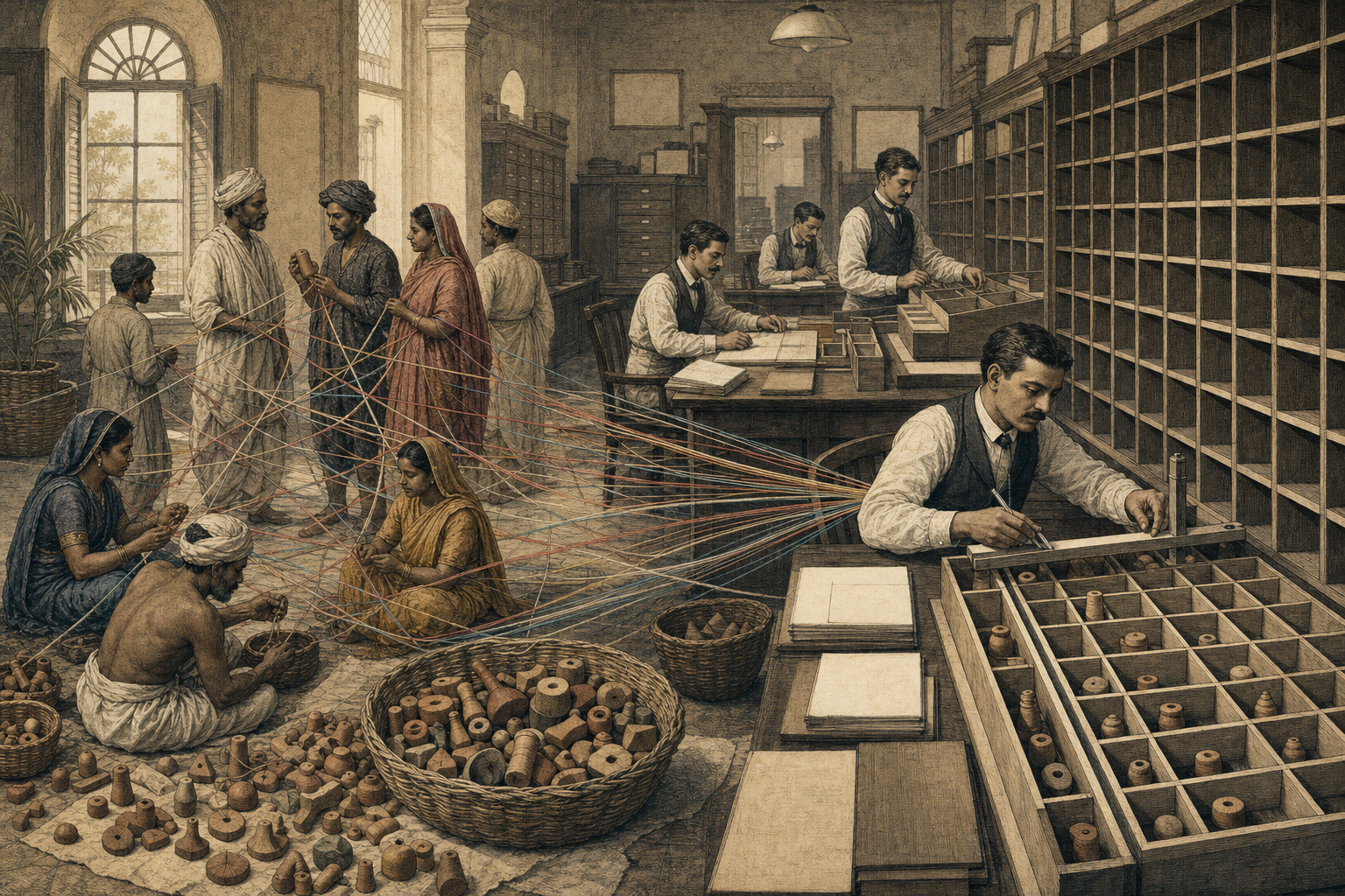 Colonial-era clerks sort varied clay tokens into rigid wooden compartments while woven threads connect Indian families and workers in the foreground.