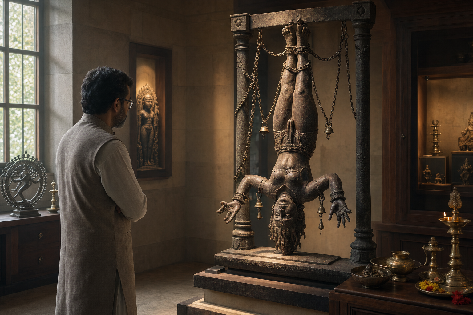 An observer studies the posture, chains, bells and gestures of an inverted Vetal sculpture in a softly lit study room.