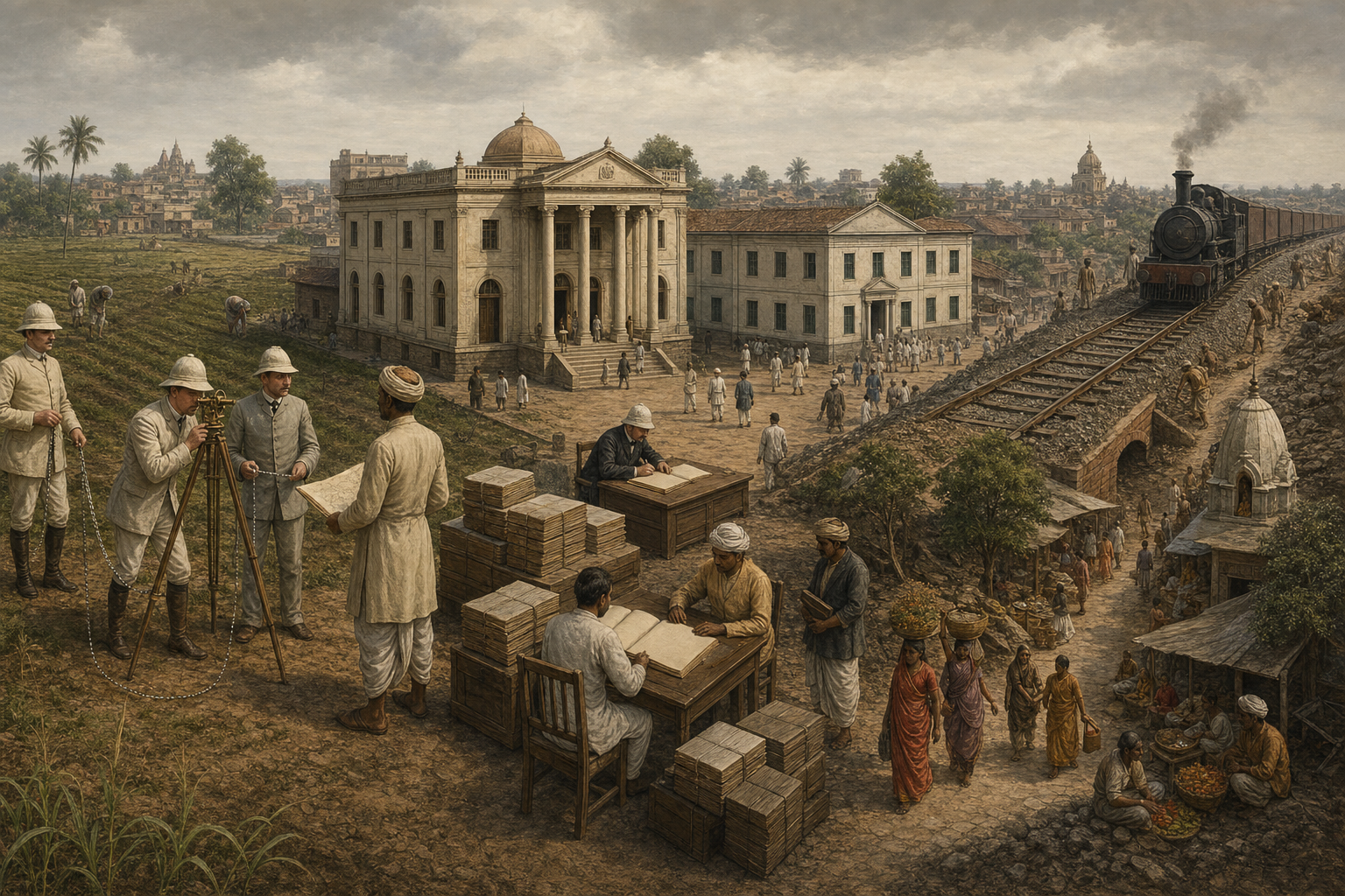 Colonial surveyors, a revenue office, a courthouse, a government school, and a railway reshape the landscape of a nineteenth-century Indian town beside fields, a market, and a small shrine.