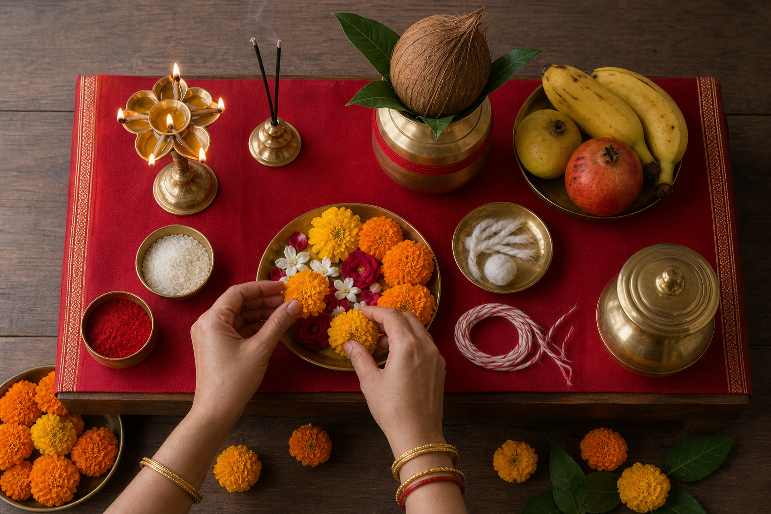Hands arrange flowers beside a lamp, coconut, fruit and other worship items on a red altar cloth.