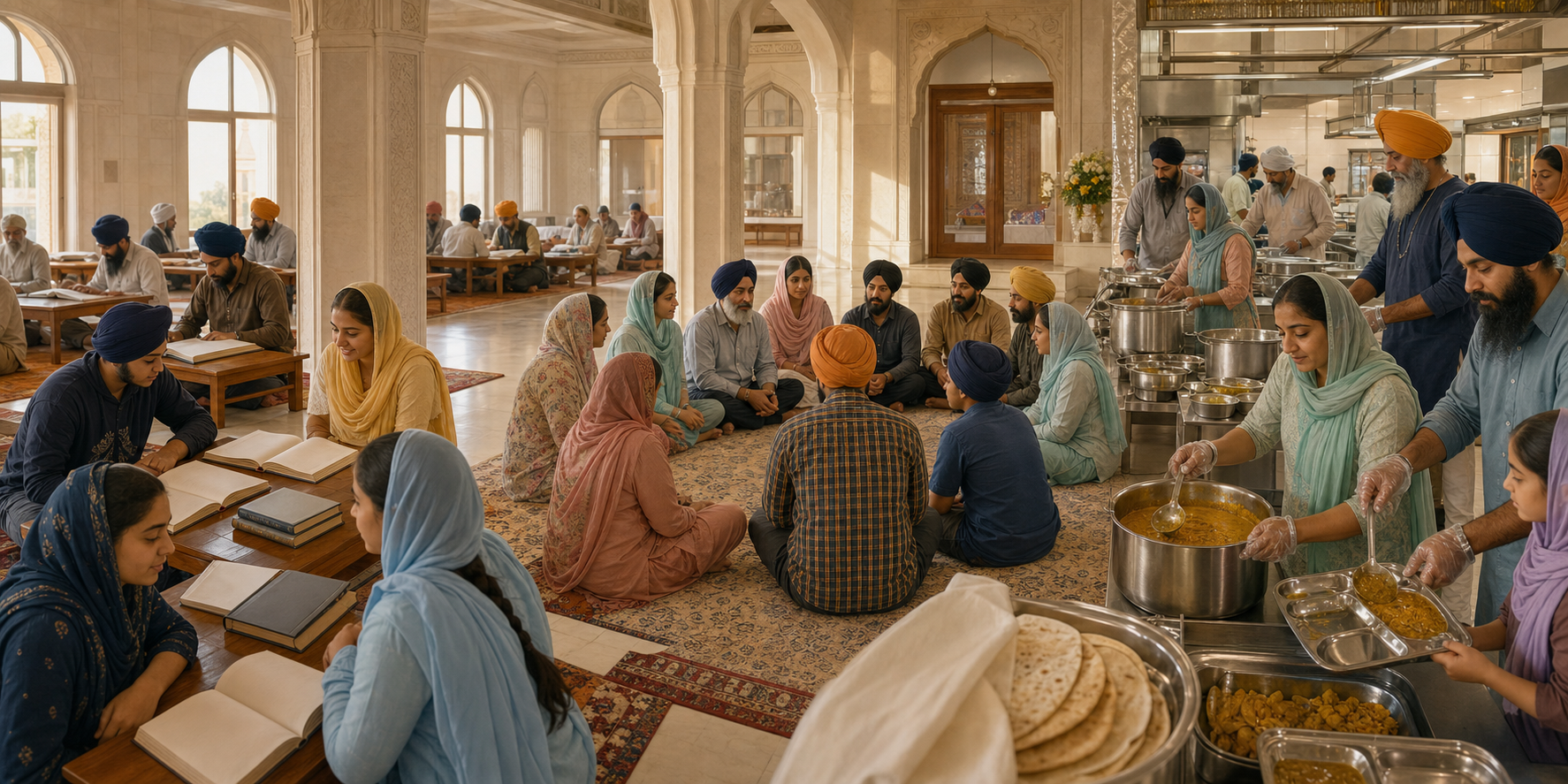 Sikh adults and young people move between a study circle, community discussion, and langar service inside a gurdwara complex.