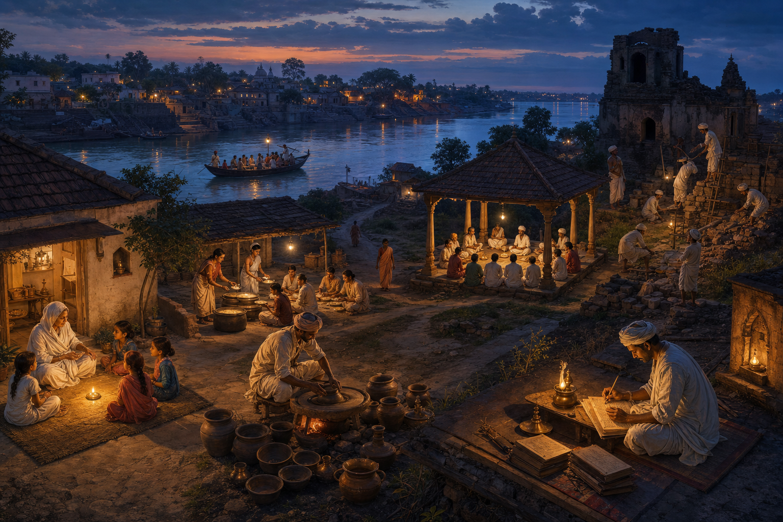 Families, artisans, pilgrims, scribes, cooks, and worshippers sustain community life across a river settlement, with many separate pools of lamplight surrounding one darkened building.