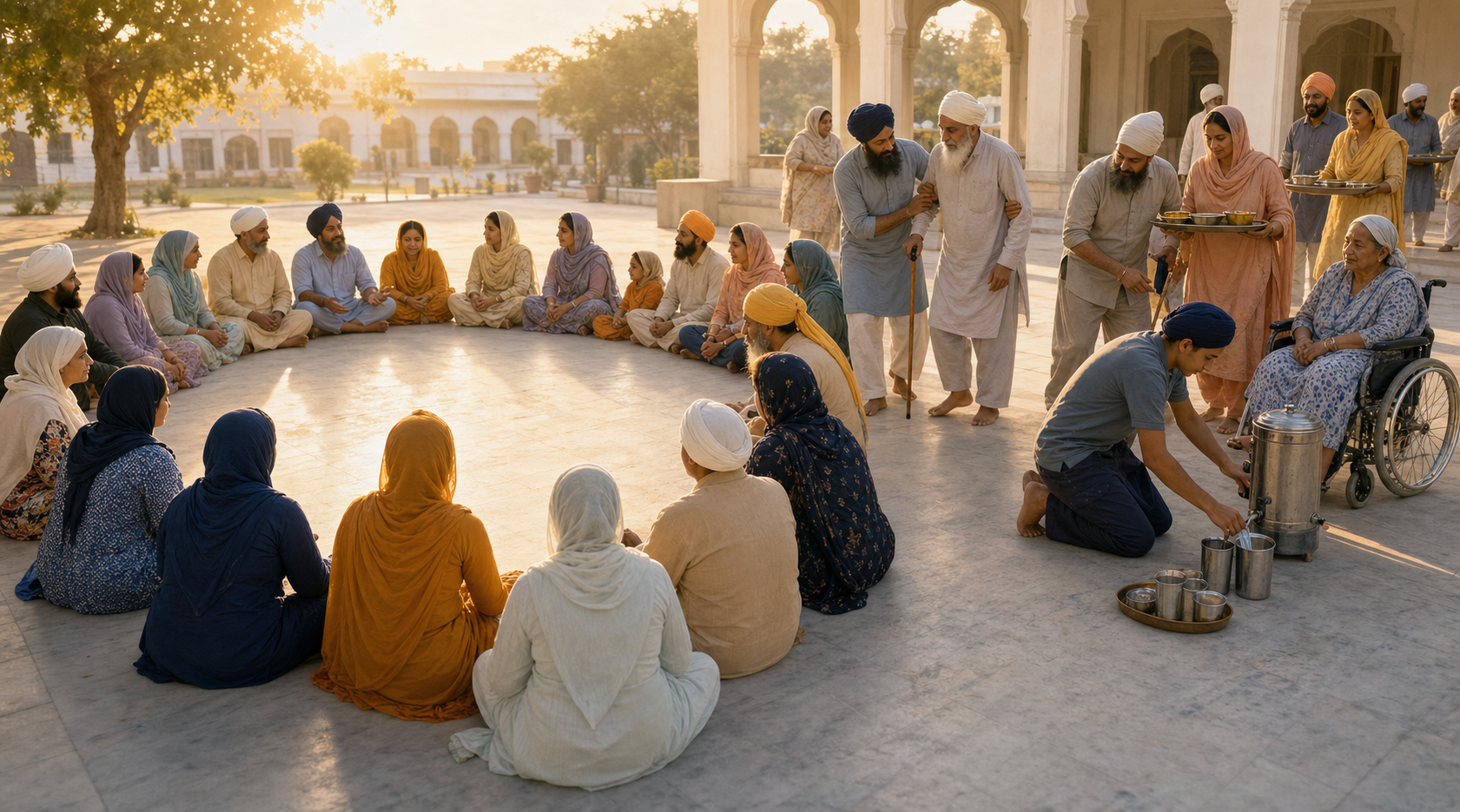 A Sikh congregation sits in an equal circle while members nearby assist an older visitor and prepare water and meal trays.