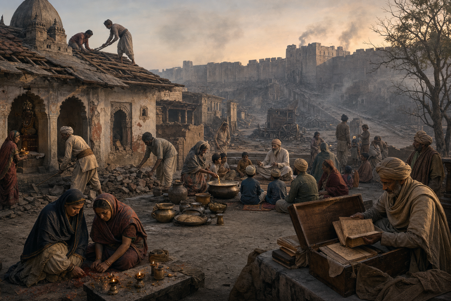 After the 1857 uprising, townspeople repair a damaged shrine and courtyard, teach children, prepare food, and inspect preserved manuscripts near a smoke-stained fort wall.