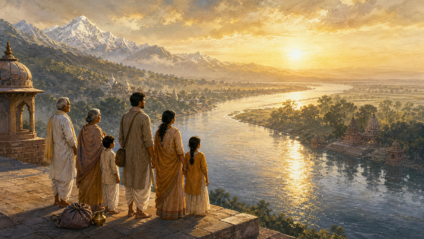 Pilgrims overlook a winding Yamuna landscape that stretches from distant Himalayan peaks through groves and temple ghats at dawn.