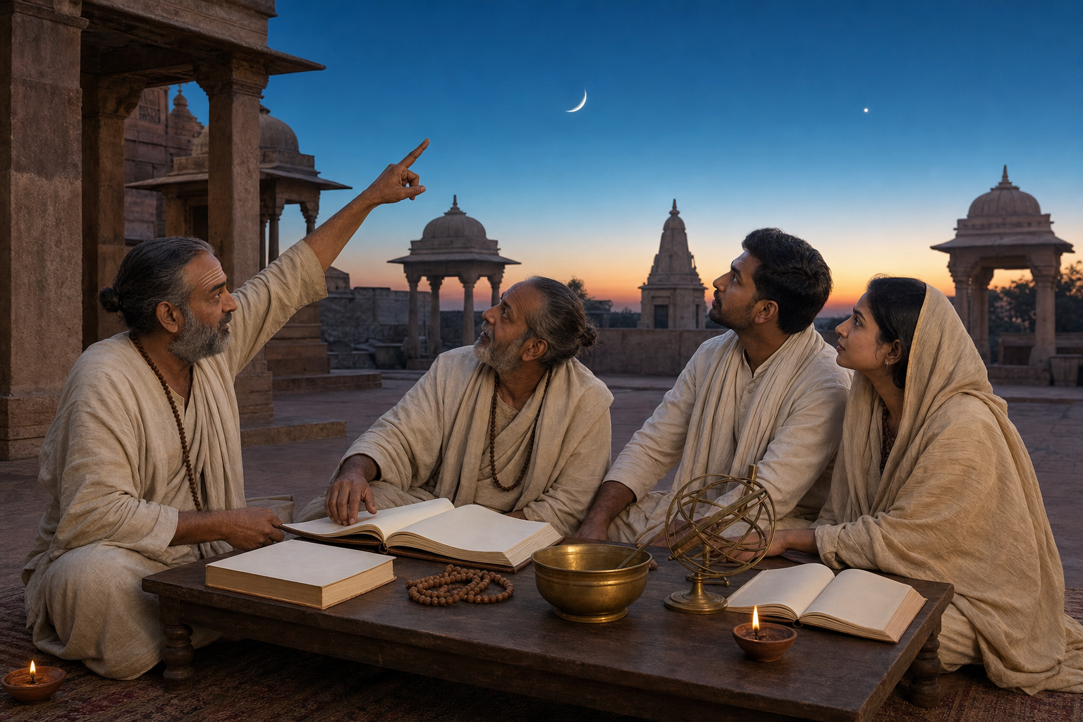 Calendar scholars and a pilgrim family consult unmarked almanacs and observe the predawn sky in a temple courtyard.