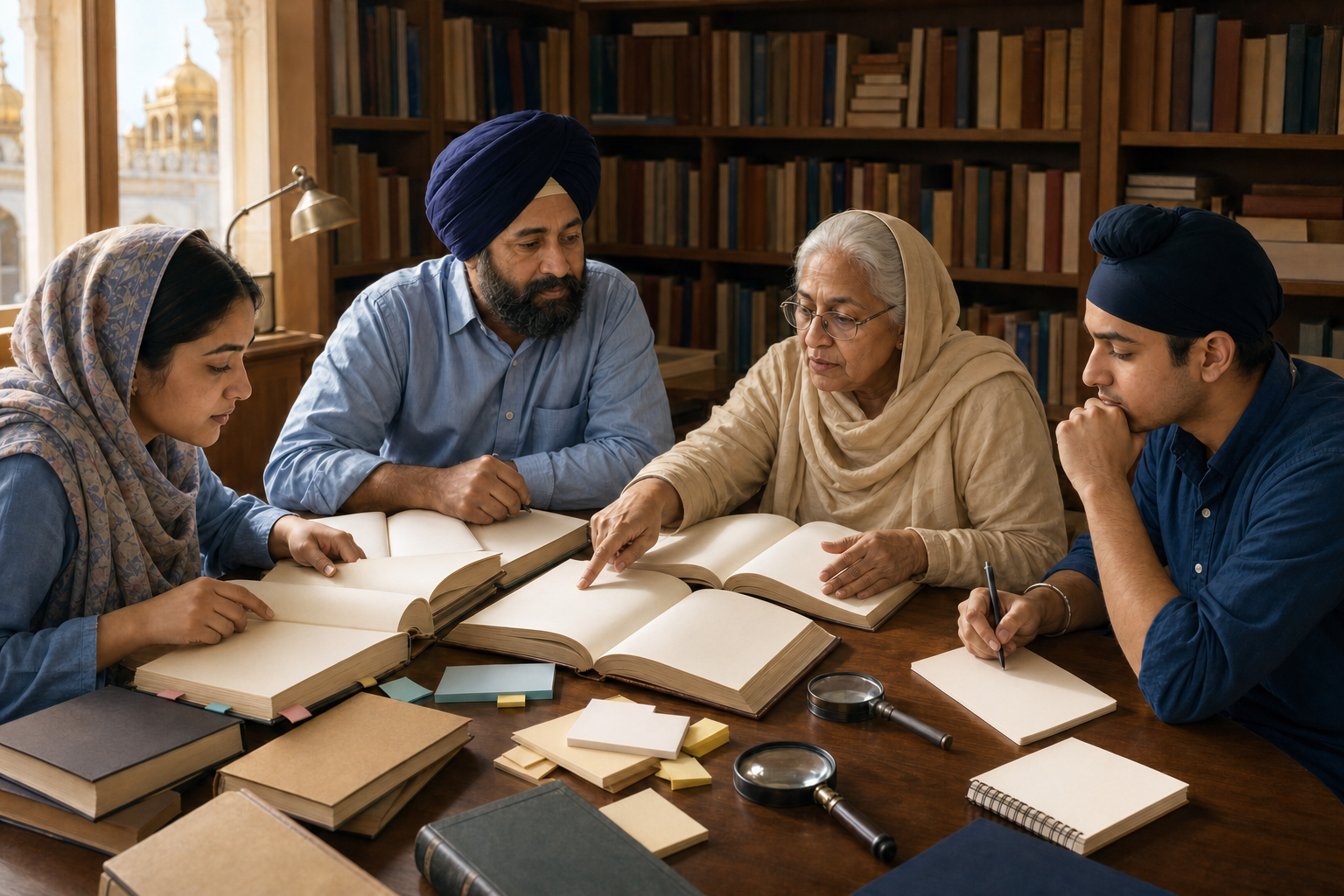Three generations of Sikh learners examine reference books together at a library table while a facilitator listens.