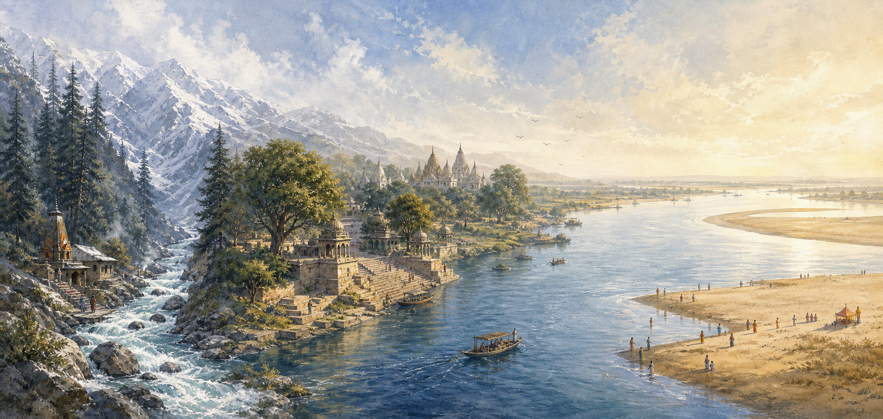 A continuous illustration shows the Yamuna flowing from Himalayan headwaters through Braj ghats toward the broad confluence at Prayagraj.