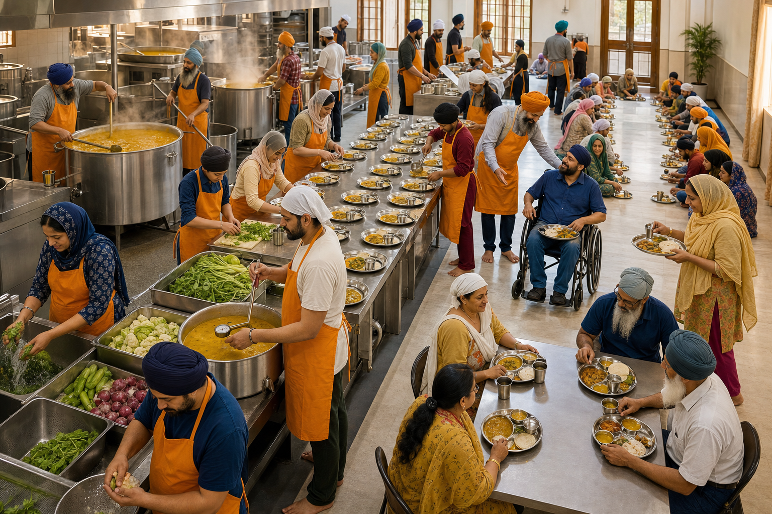 Volunteers organize vegetable preparation, cooking, accessible serving, and equal communal seating for a langar meal.