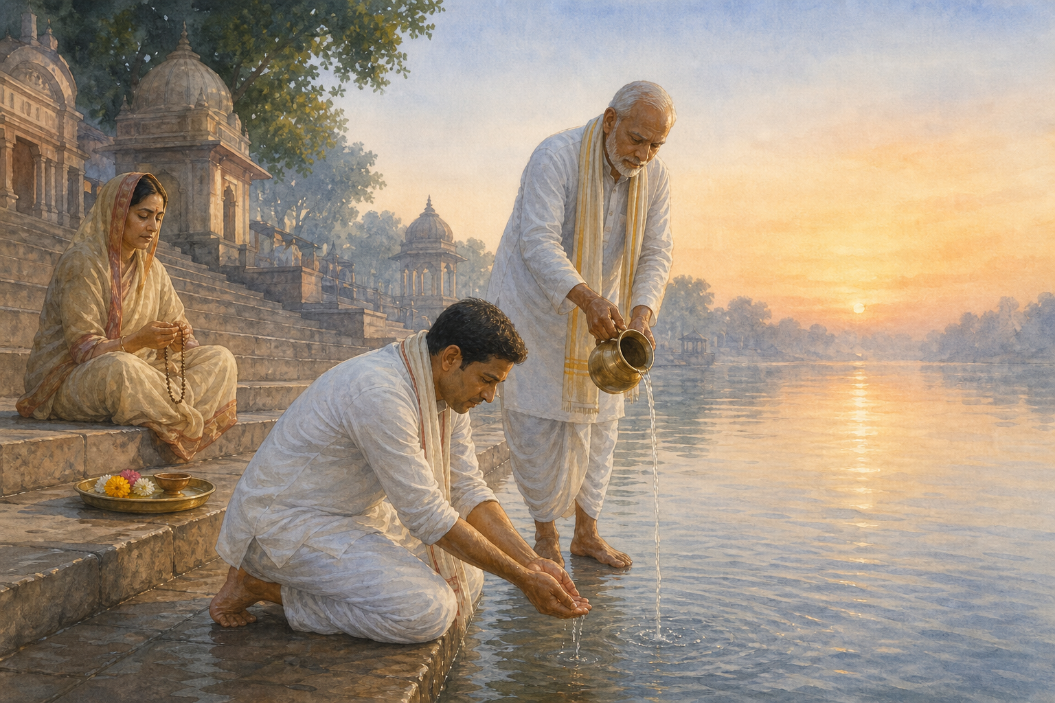 Pilgrims cup and pour Yamuna water and sit in prayer on a clean stone ghat at sunrise.
