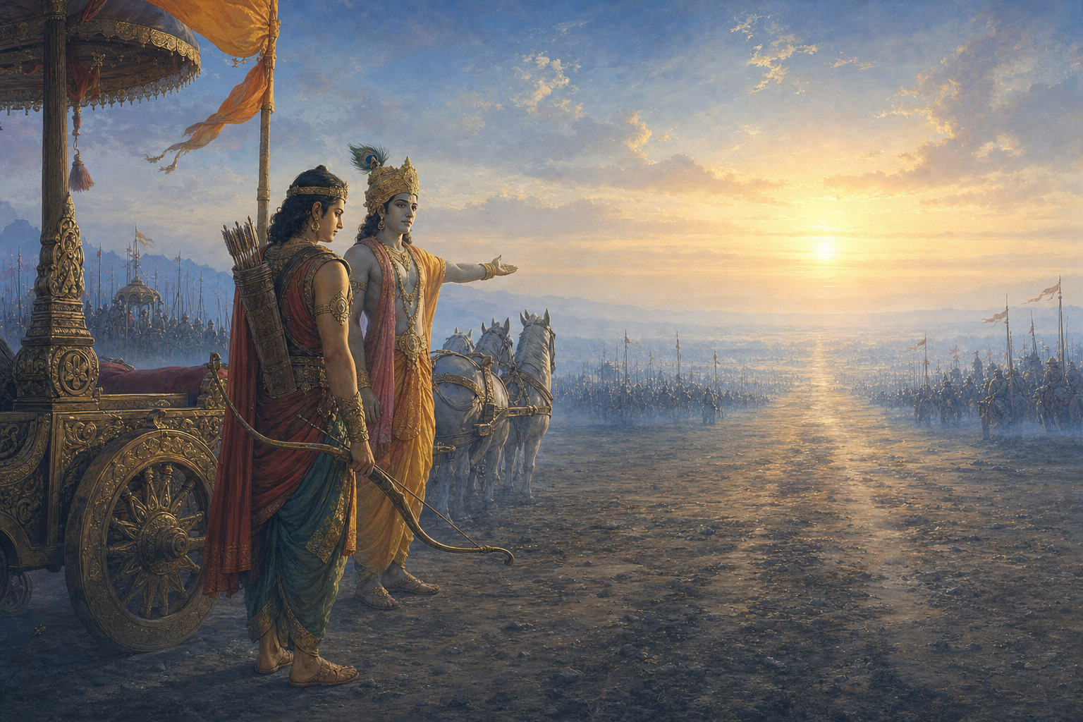An ancient Indian archer and a calm charioteer stand beside a chariot on a misty battlefield at sunrise.