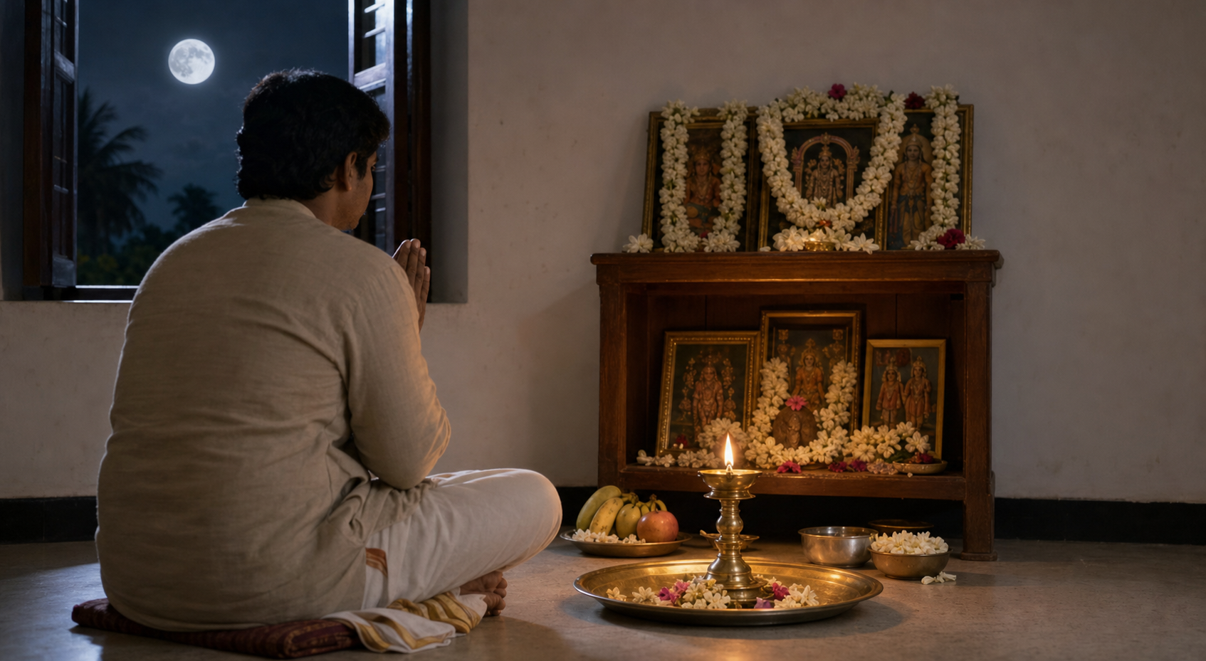 A devotee prays before a single brass oil lamp in a home shrine while the full moon shines through a nearby window.
