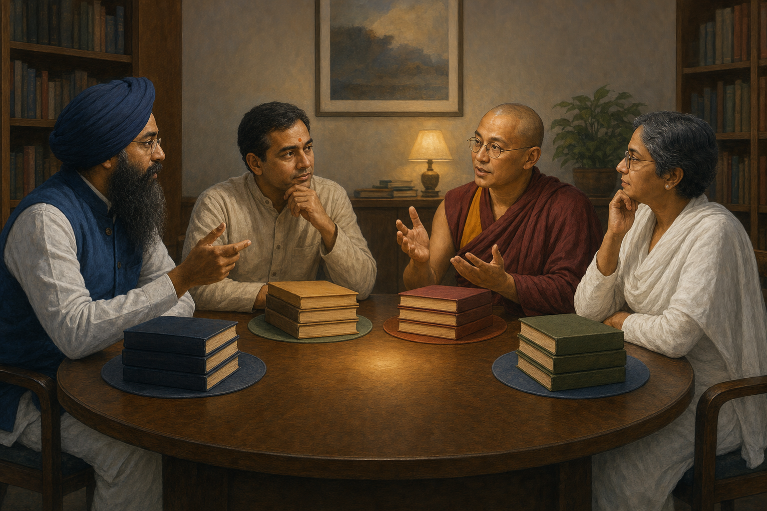 Sikh, Hindu, Buddhist, and Jain scholars discuss separate sets of books around a shared round table.