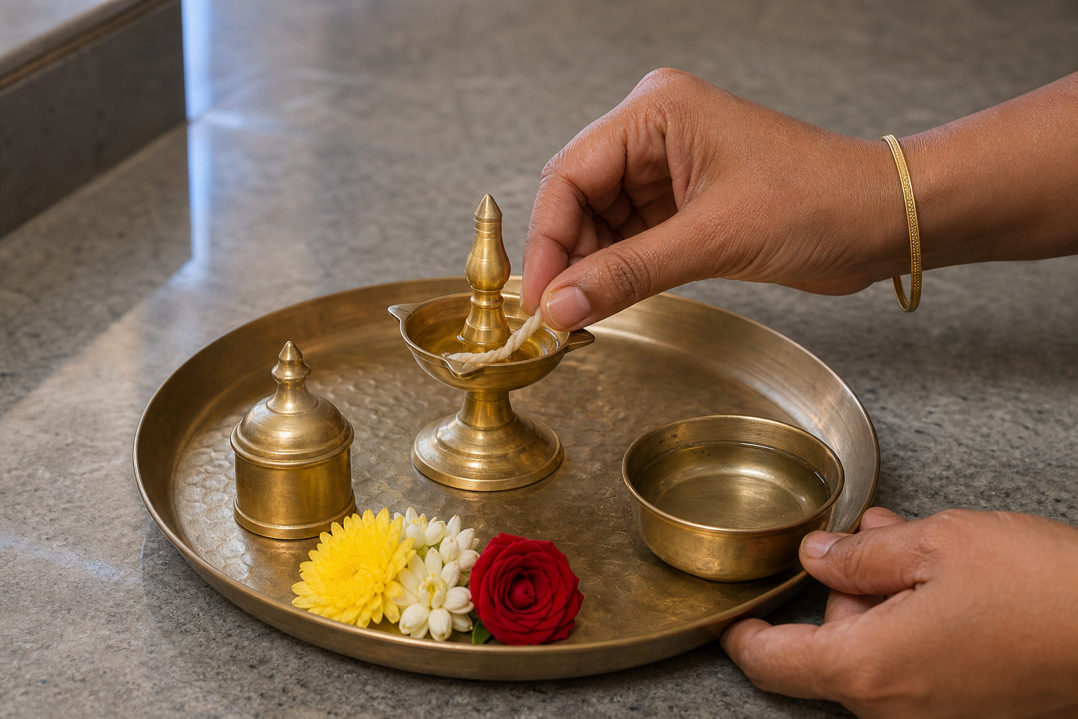 A brass oil lamp with a cotton wick sits on a wide metal tray as a person prepares it on a clear, heat-resistant surface.
