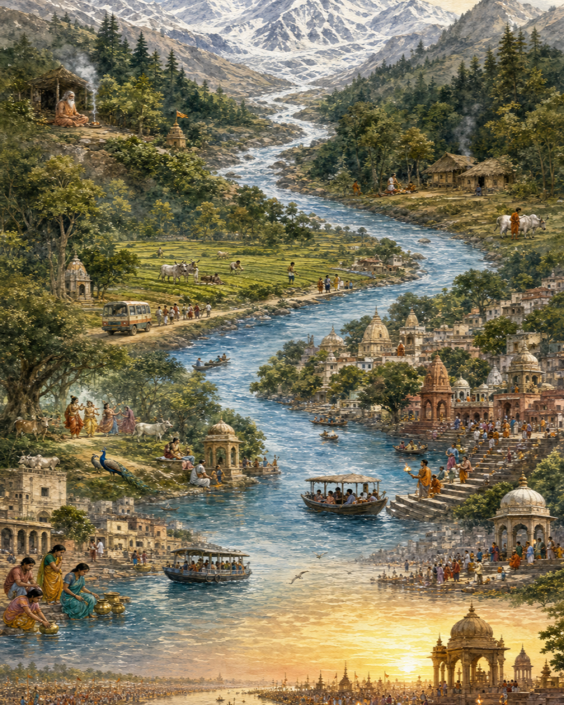 A stylized river corridor connects Himalayan snowfields, villages, groves, ghats, temple towns, and a confluence with pilgrims traveling between them.