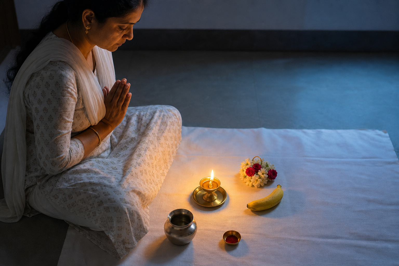 A seated devotee observes a quiet moment of prayer before one oil lamp with flowers, fruit and a water vessel nearby.