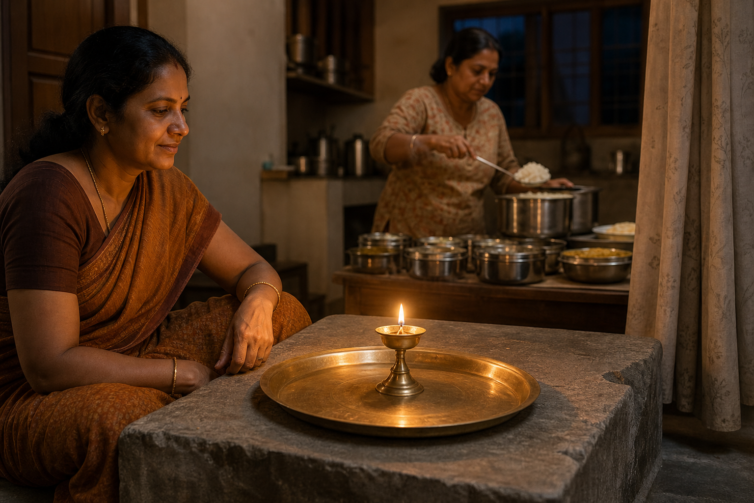 A person tends a brass oil lamp on a clear metal tray while another family member portions food into reusable containers in the background.