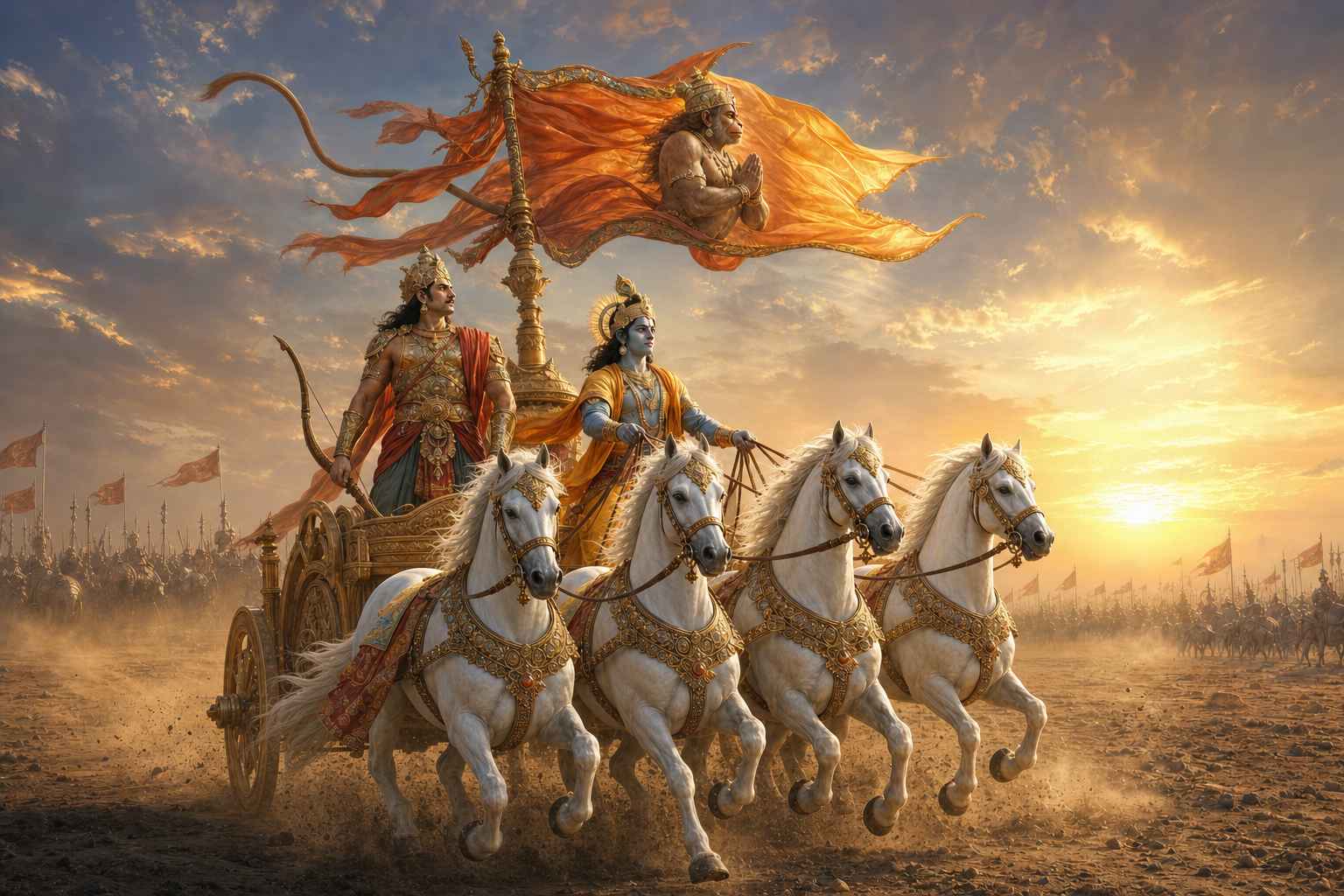 Krishna holds the reins of Arjuna's four-horse chariot while Arjuna stands with his bow and Hanuman appears on the windblown standard above them at Kurukshetra.