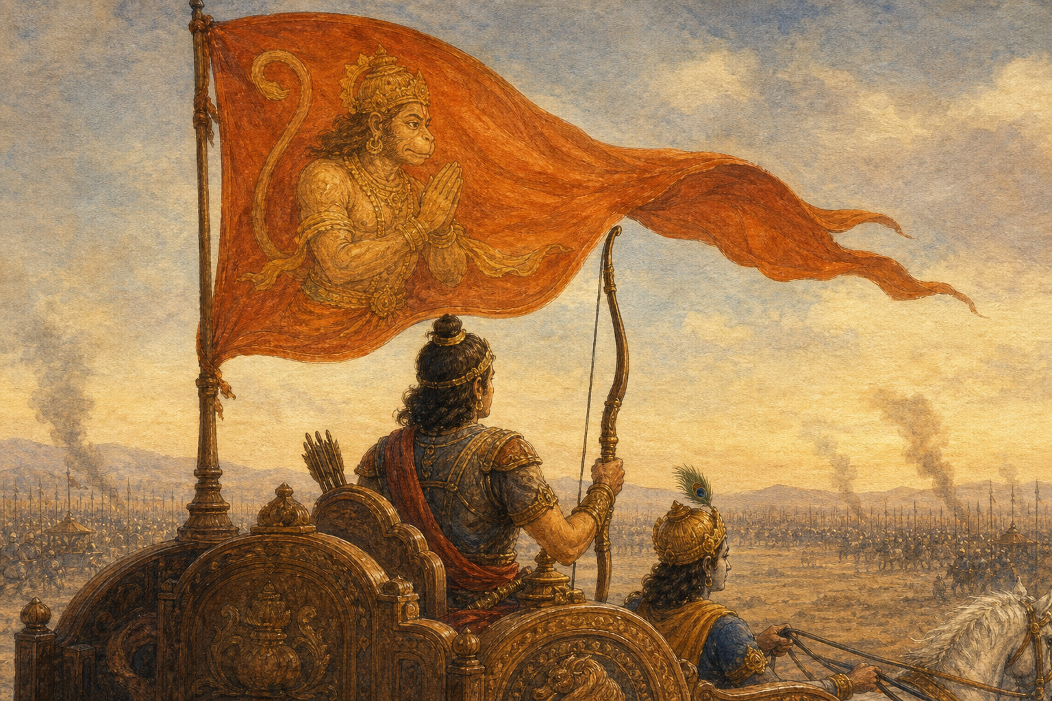Arjuna stands in his chariot beneath a saffron standard bearing Hanuman while Krishna holds the reins ahead of him.