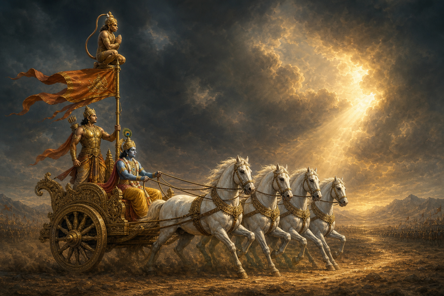 Four white horses pull a chariot guided by Krishna, with Arjuna standing behind him and Hanuman at the top of the raised banner.