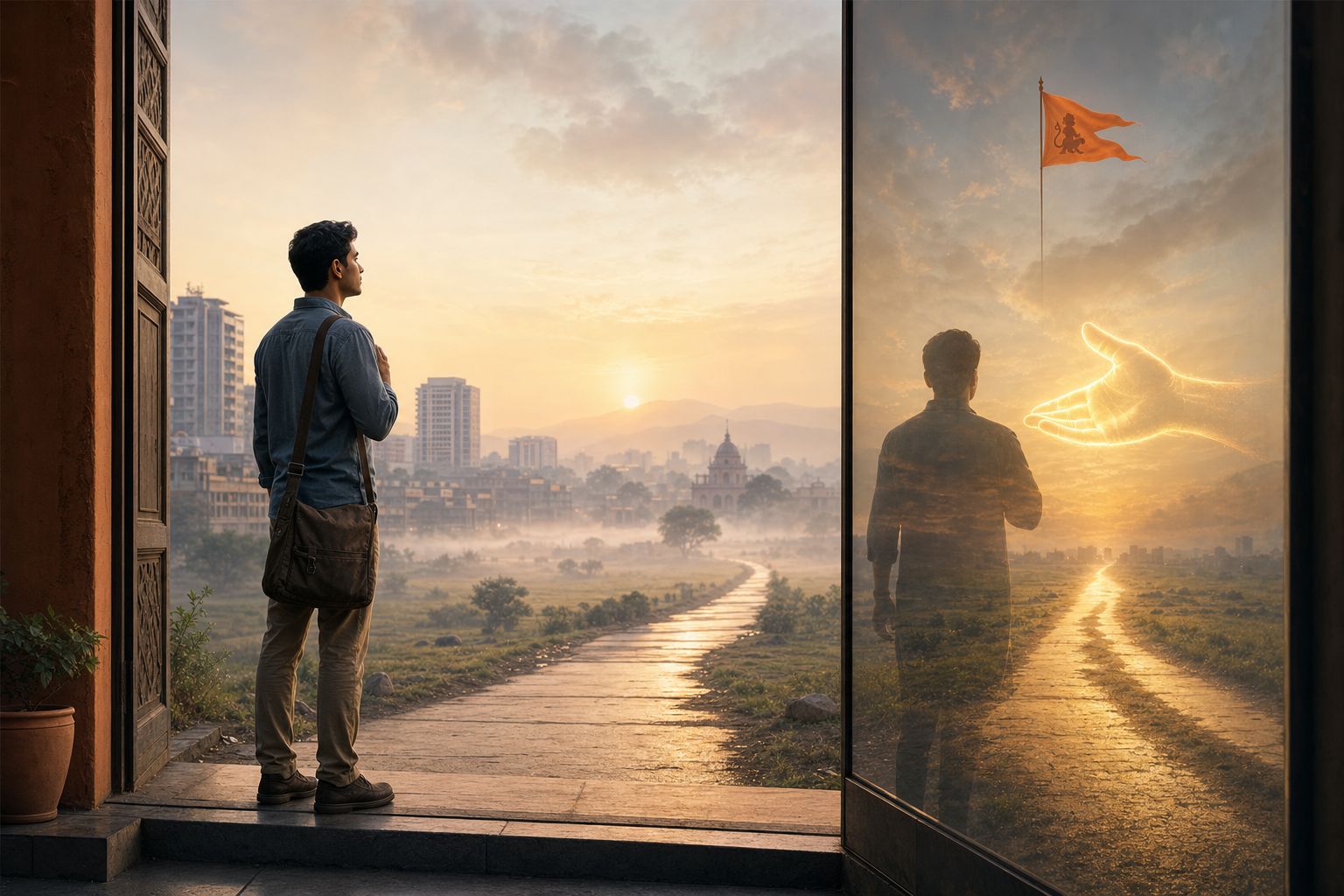A person pauses at dawn before setting out, with a path ahead, warm guiding light, and a small saffron pennant bearing a vanara silhouette above.