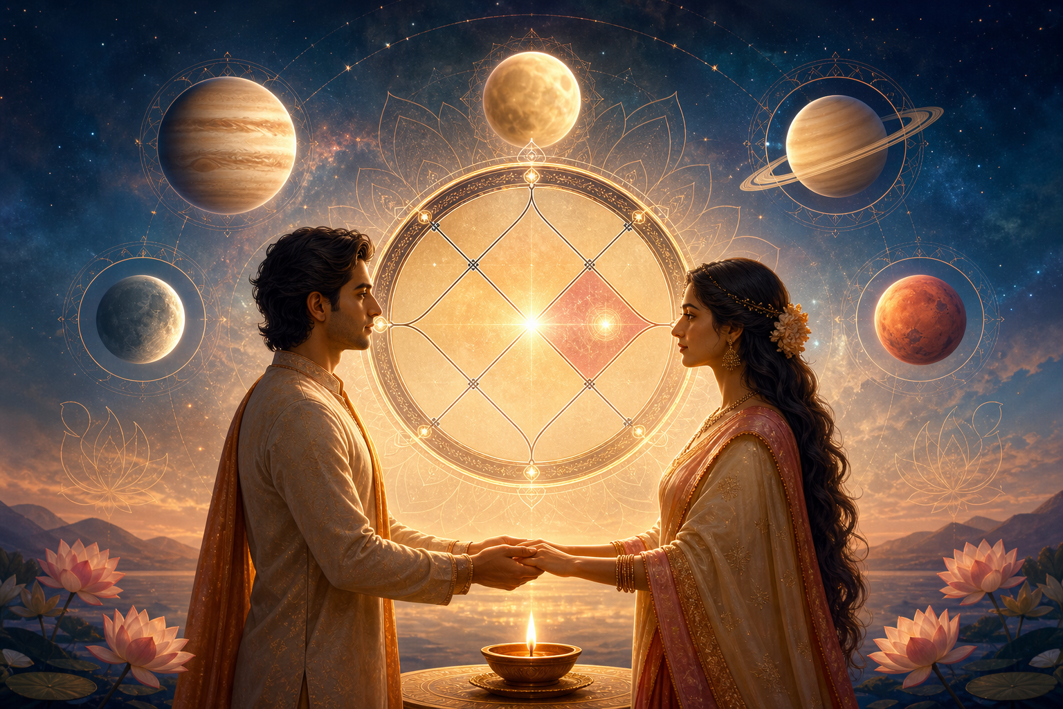 Vedic astrology seventh house illustration with a glowing kundali chart and couple in partnership