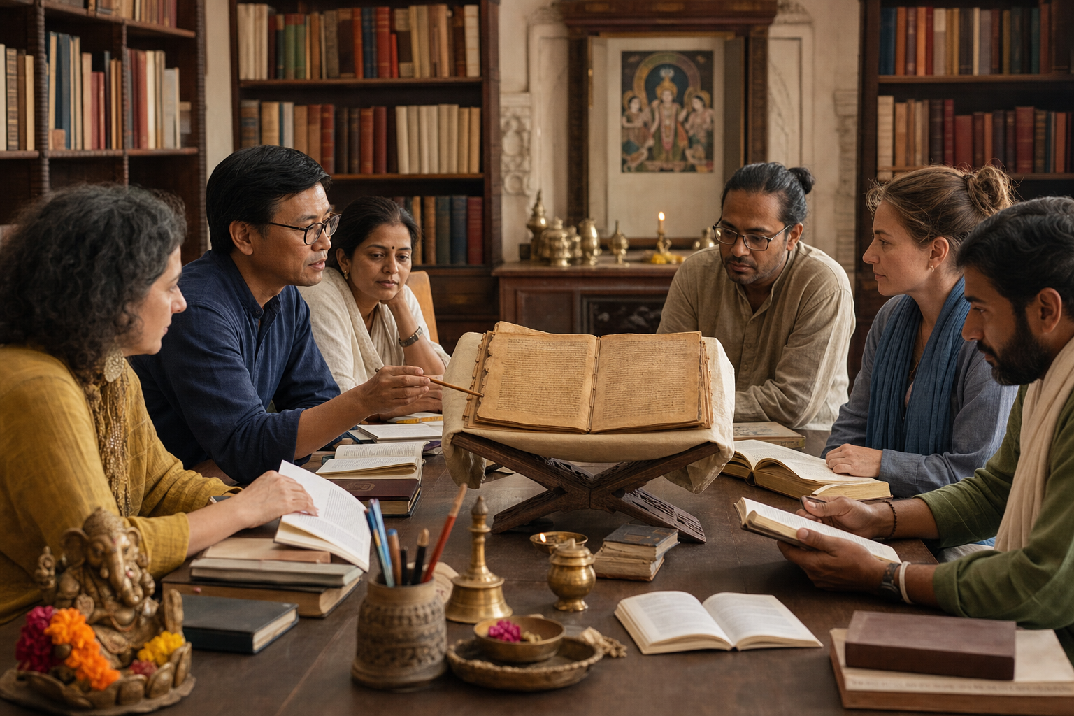 A diverse group studies a Sanskrit manuscript and compares translated books in a library with Indian architectural details.