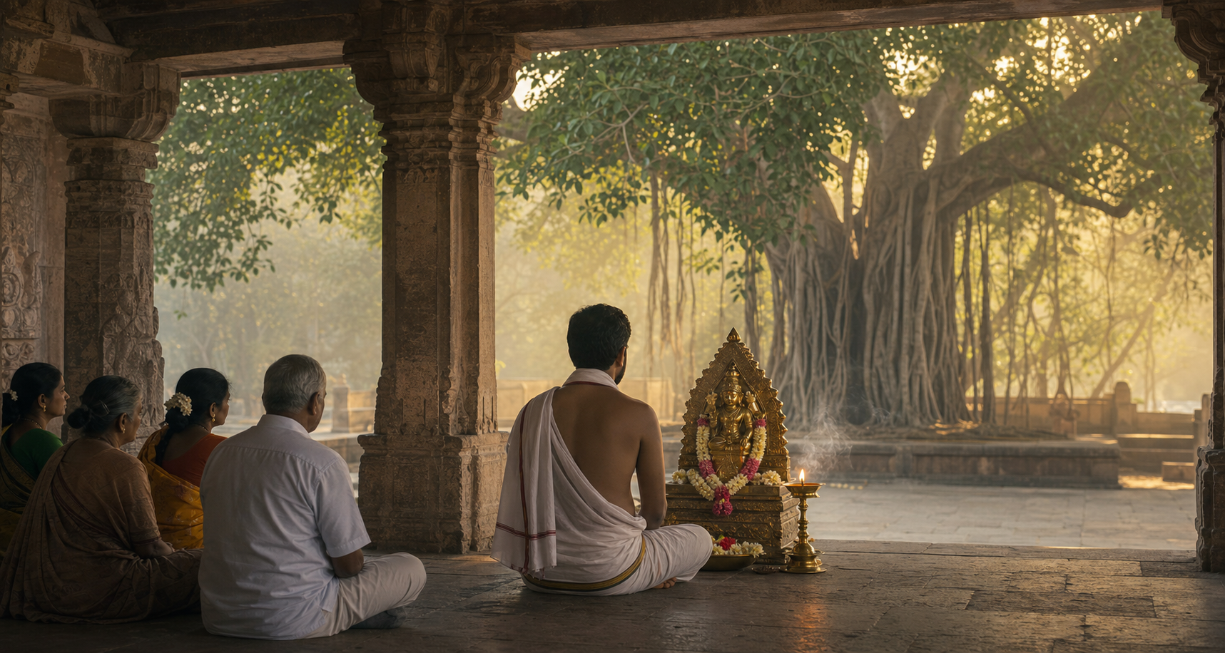 A devotee stands in a stone temple courtyard before a lamp-lit brass icon, with other worshippers nearby and a banyan grove visible through the colonnade.