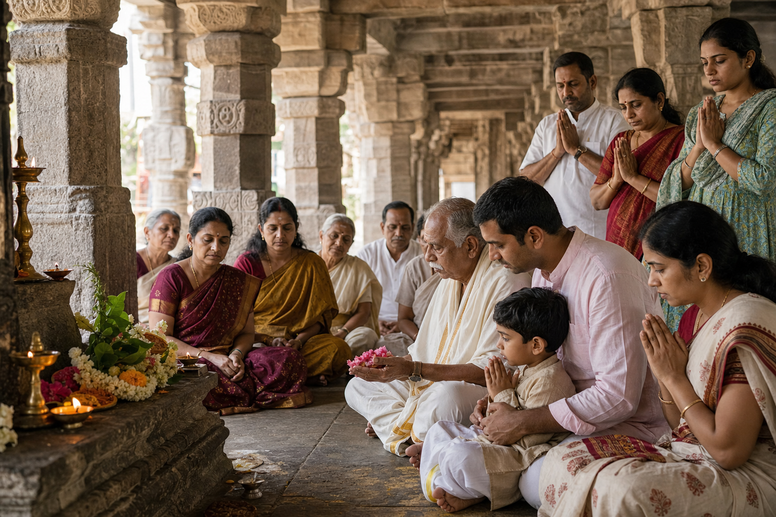 Adults and a child gather for quiet worship among the carved pillars and oil lamps of a stone temple hall.