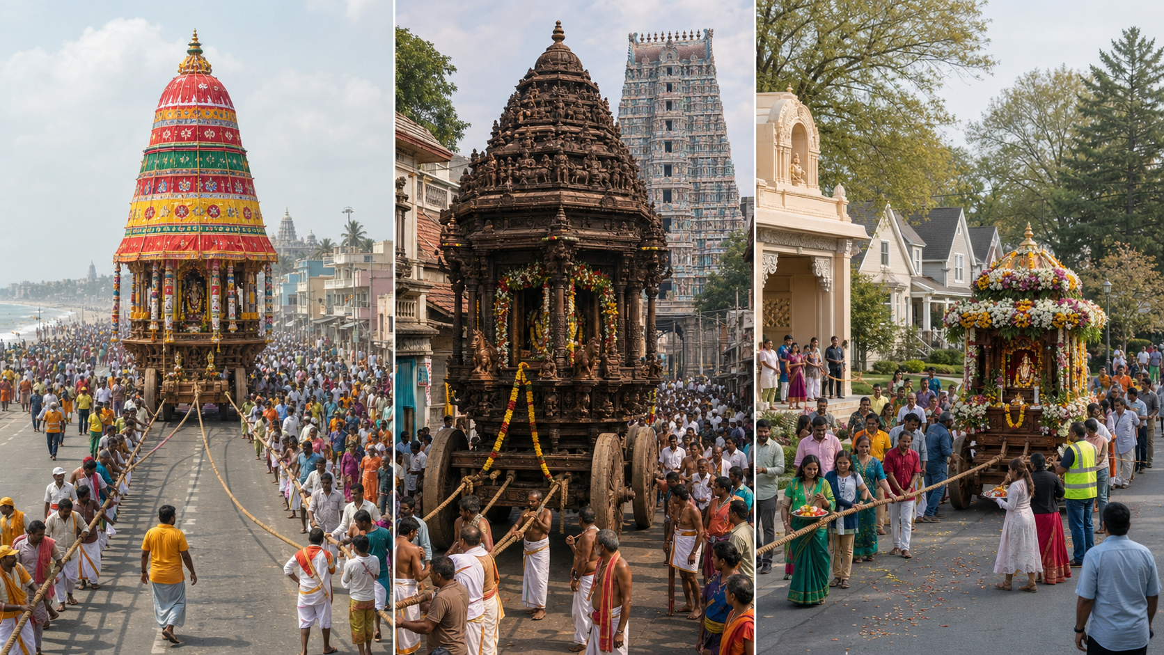 Three illustrated chariot processions show a tall canopied ratha in eastern India, a carved temple car in a Tamil town, and a smaller chariot in a diaspora neighborhood.