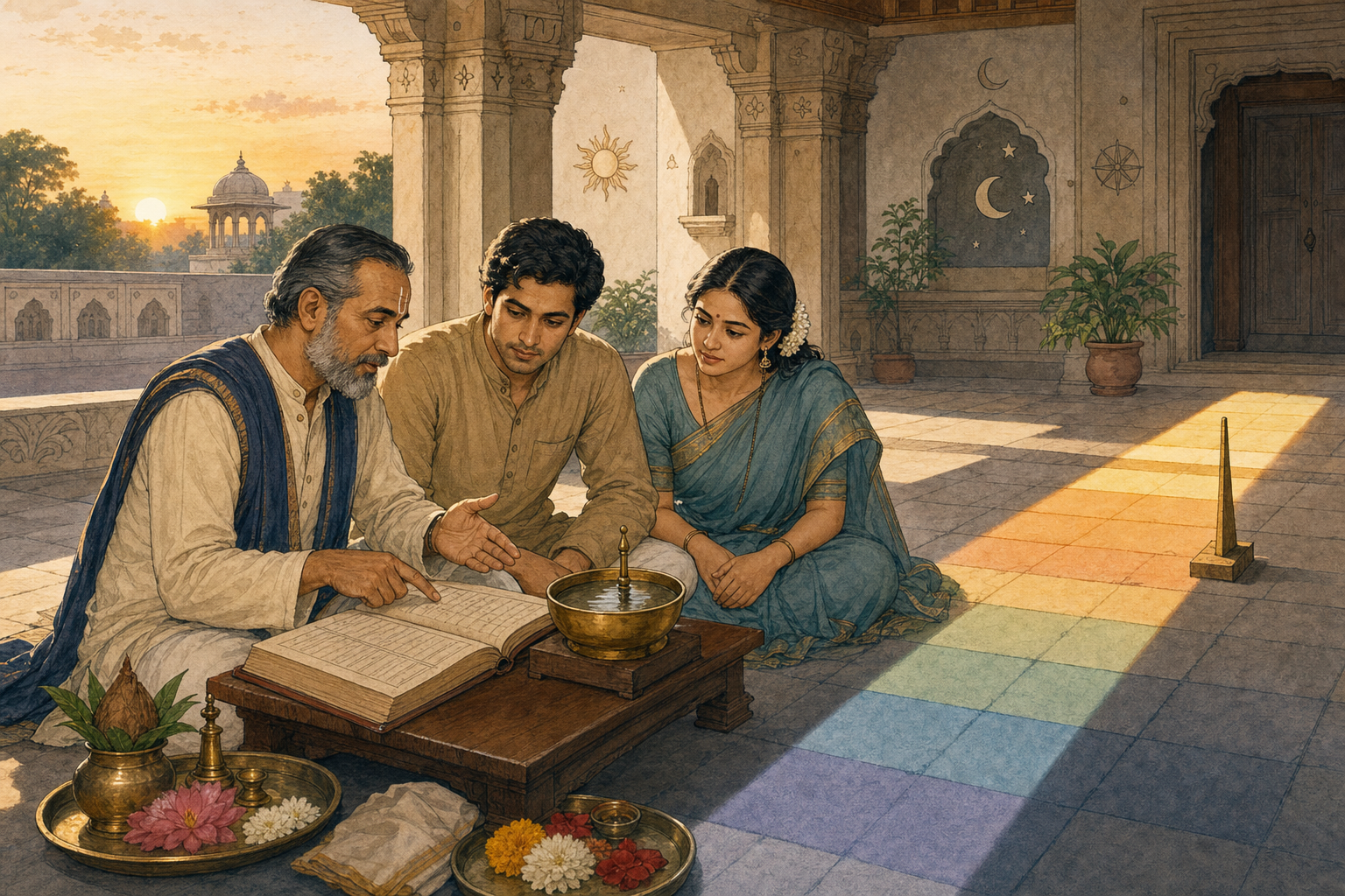 A scholar and a young couple examine an open almanac beside timing instruments and puja objects in a sunlit Indian courtyard.