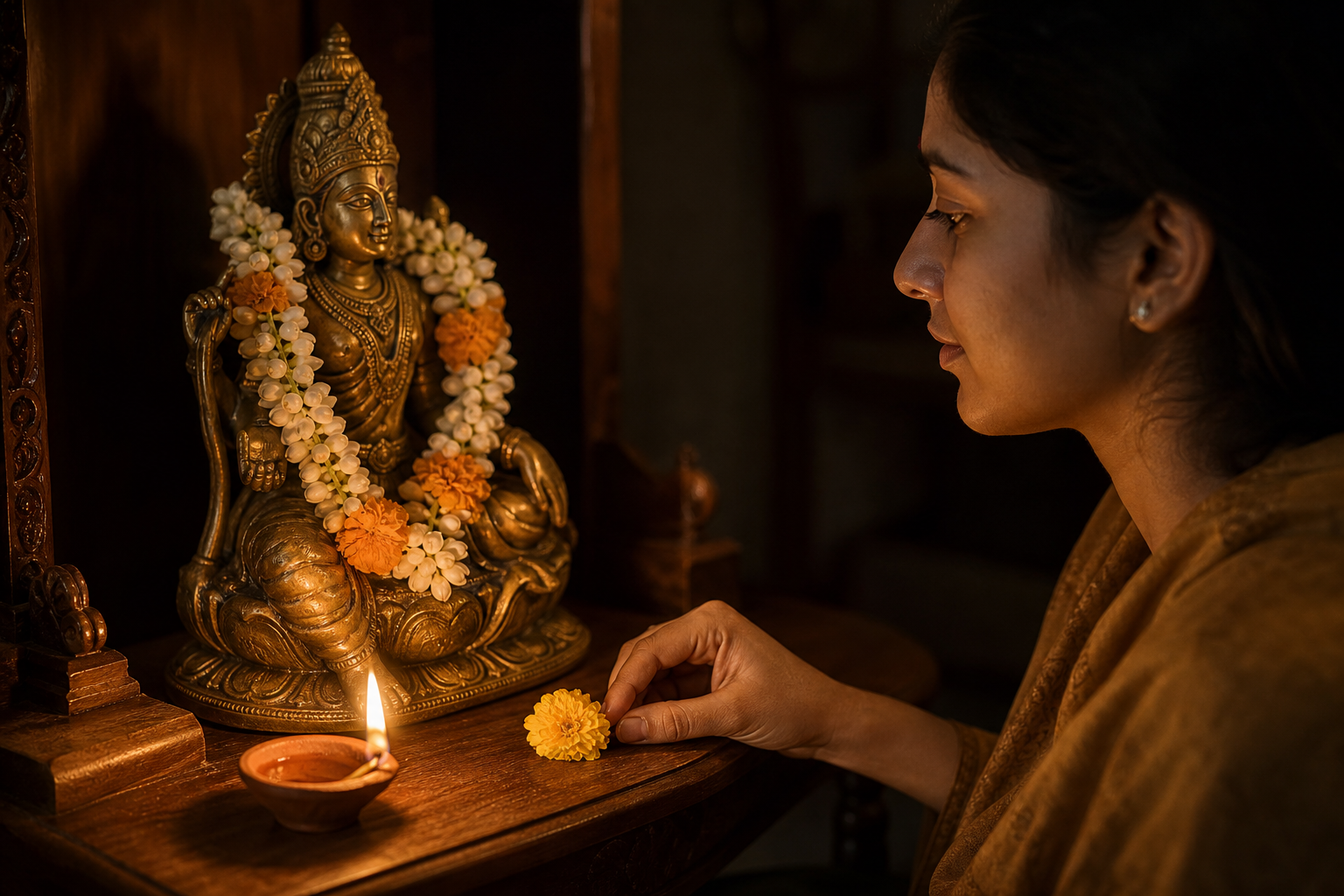 A seated devotee looks toward a flower-garlanded brass icon on a small altar lit by a clay oil lamp.