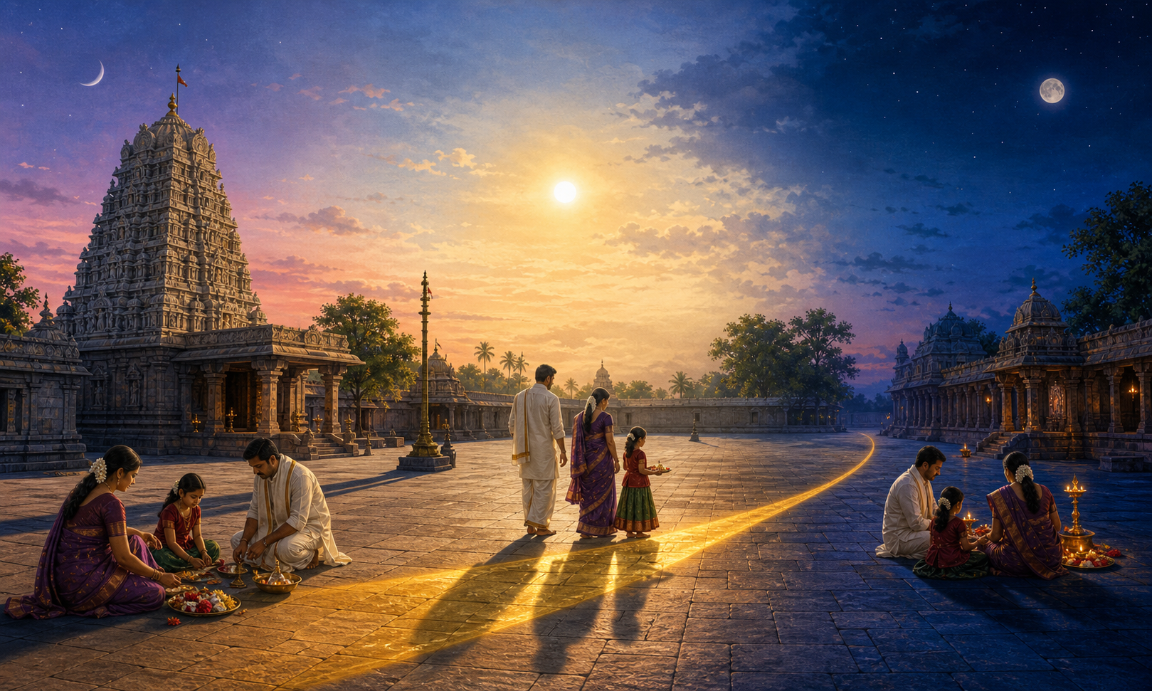 A temple courtyard changes from dawn to afternoon and evening, with a golden band highlighting one limited interval of the day.