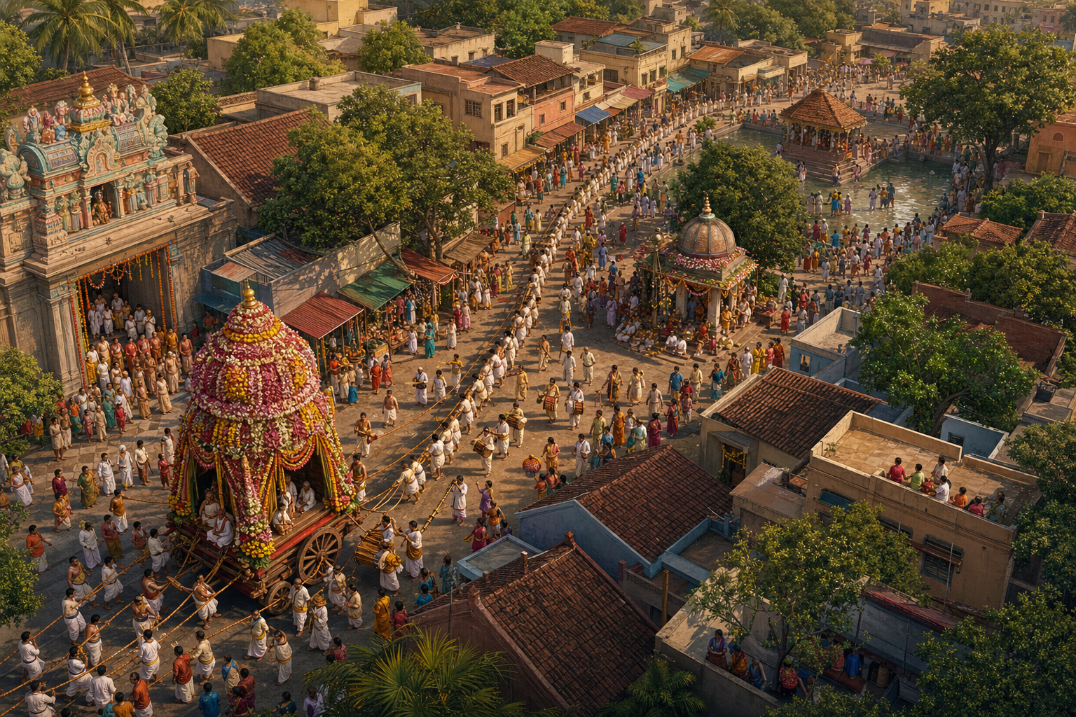 An elevated view shows a temple chariot procession following a town route while priests, musicians, rope teams, volunteers, and neighborhood residents perform different roles.
