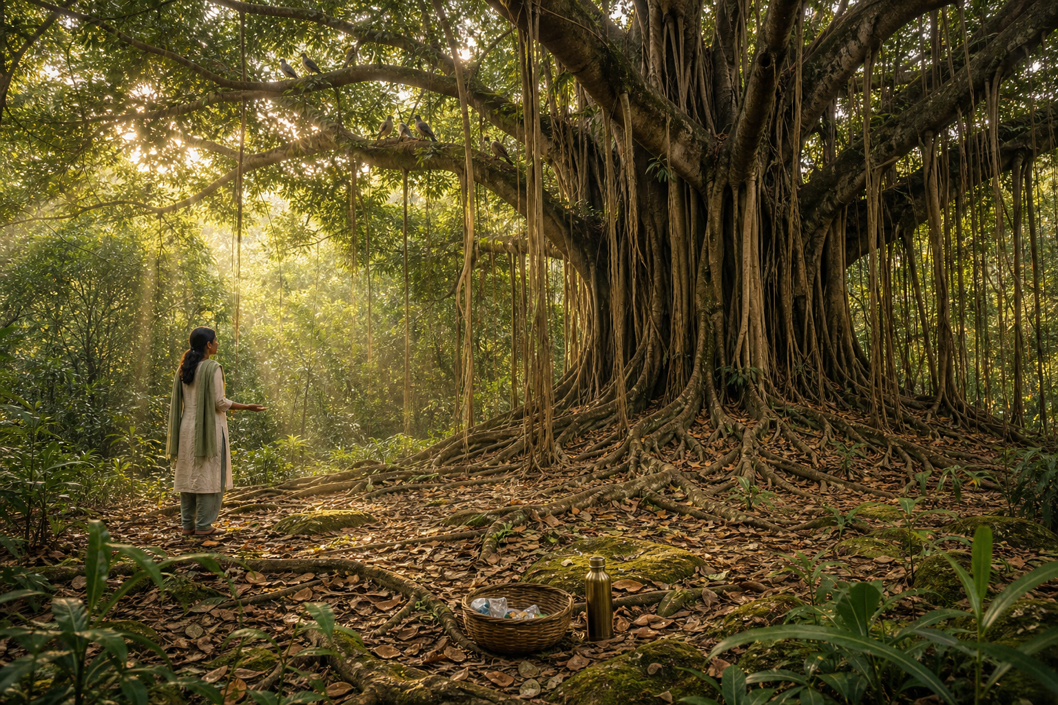 A visitor stands beneath an old banyan tree in a dense grove beside a water vessel and a basket holding gathered litter.