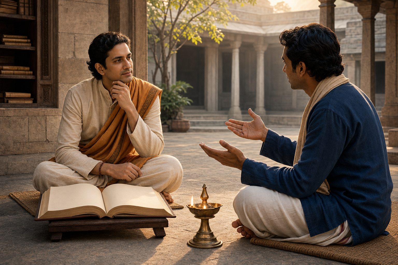 A composed practitioner listens to a person expressing disagreement in a quiet stone courtyard, with an open manuscript and oil lamp between them.