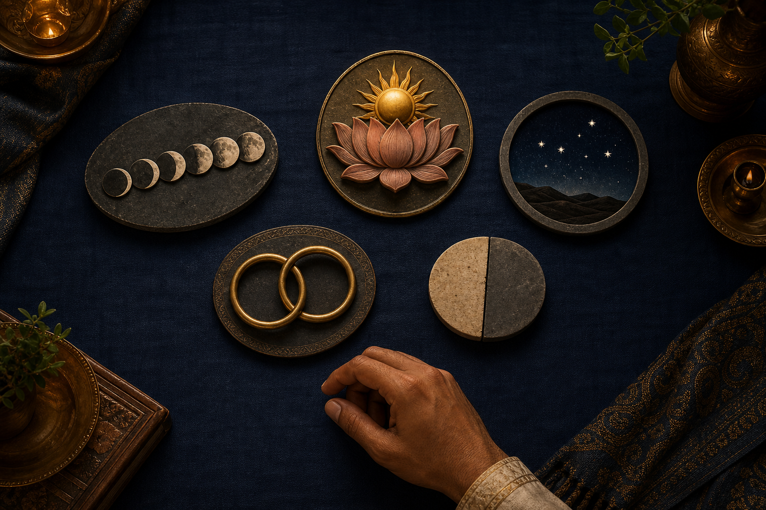Five symbolic objects representing lunar day, weekday, lunar mansion, celestial relationship, and half-lunar-day division are arranged on indigo cloth.