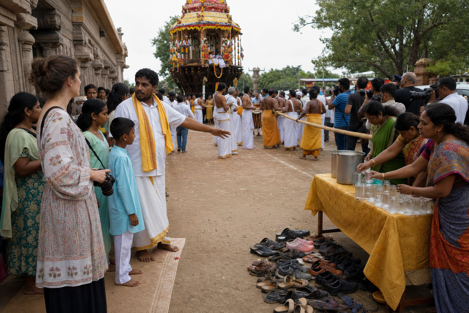 A visitor with a lowered camera listens to a festival volunteer from the edge of a chariot procession while local families and service teams participate nearby.