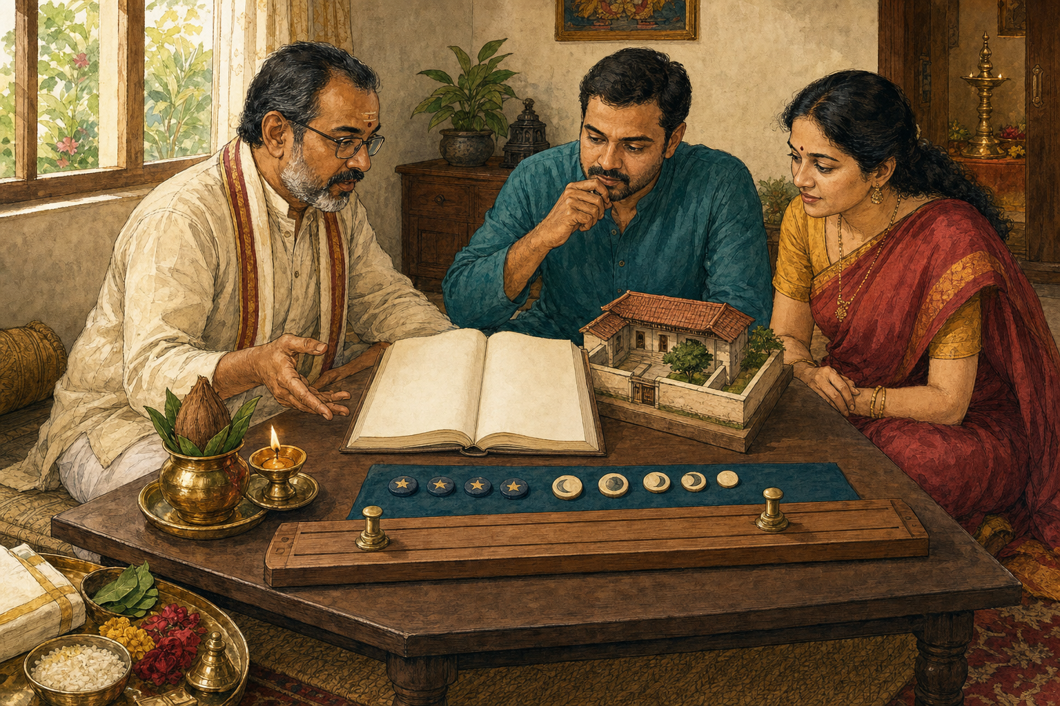 A calendar specialist and two householders use an almanac, ritual objects, a courtyard model, and two brass pegs to select a broad time interval.