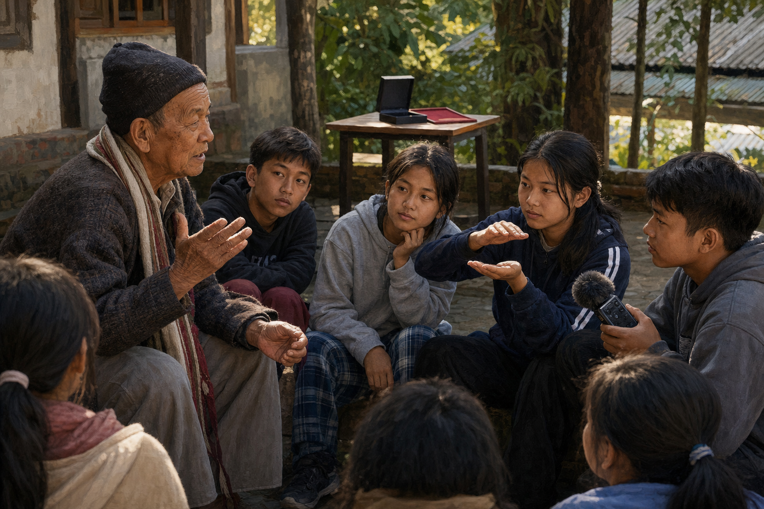 An elder shares an oral history with teenagers in a community courtyard as one participant records the session and an award case sits in the background.
