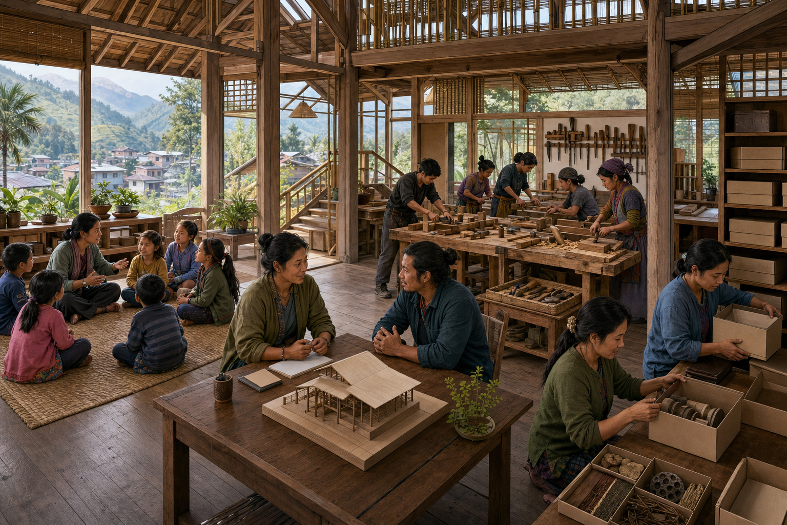 Children, apprentices, archivists and public workers use connected learning, workshop and archive spaces inside a bamboo-and-timber community center.