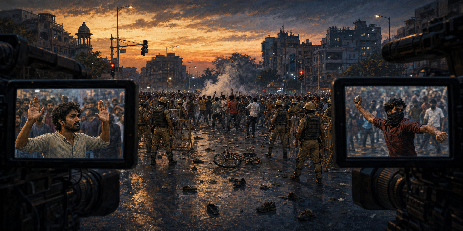 Two news cameras frame different parts of the same tense confrontation between demonstrators and police at a city intersection.