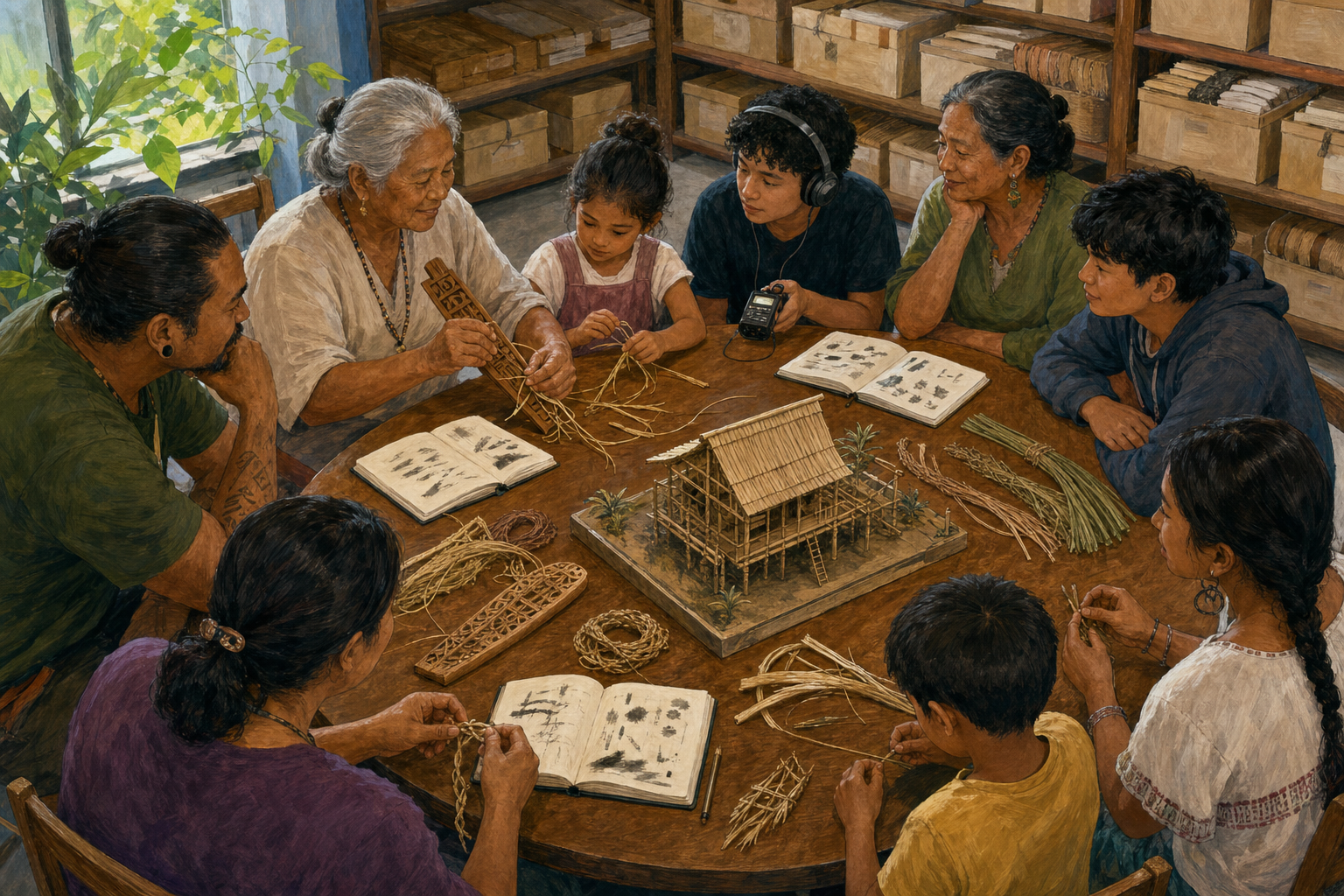 Community members of several generations gather around a circular table to record an elder's demonstration and practice a traditional making technique.