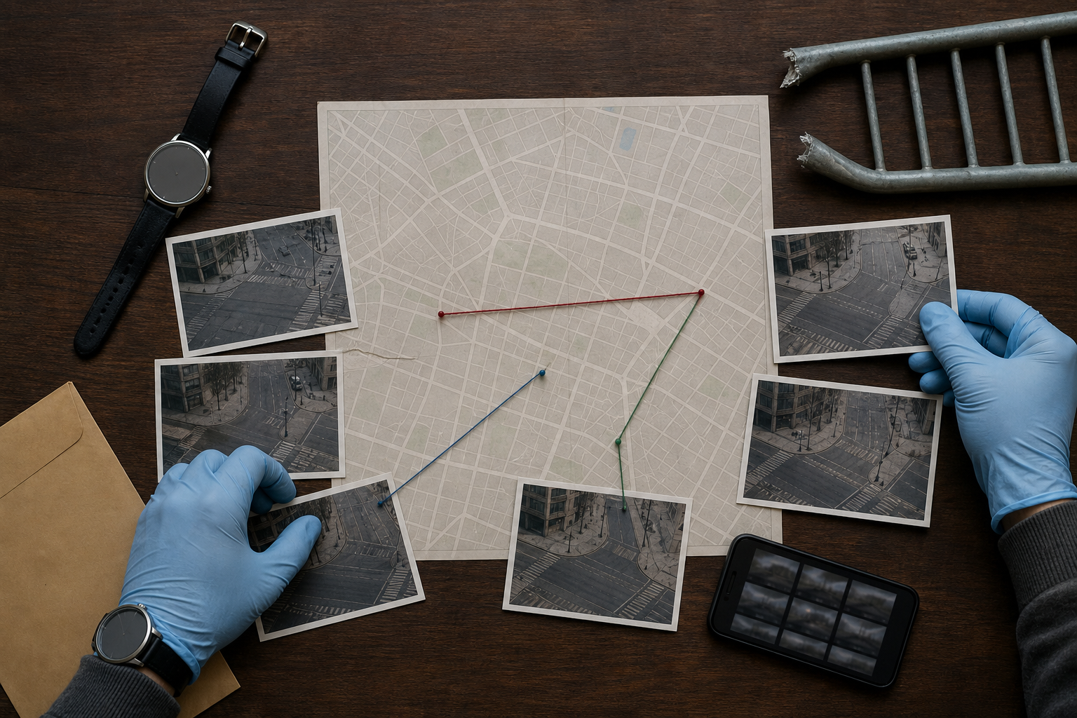 Gloved hands organize photographs, a map, a watch, a phone, and physical evidence to reconstruct a public-disorder timeline.
