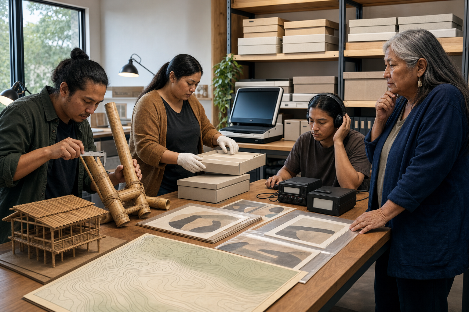 Four community members measure a bamboo joint, review recordings and organize archival materials at a documentation table.