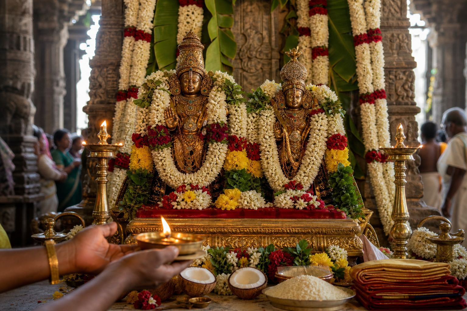 Garlanded bronze deity icons share a ceremonial temple dais surrounded by flowers, lamps, coconuts, rice, and silk as a priest offers a flame.