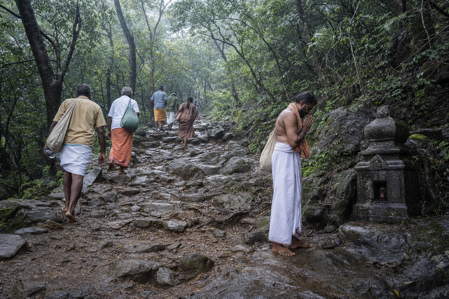 Pilgrims climb a misty forest trail in the Sathuragiri hills and pause near a small stone Shiva shrine.